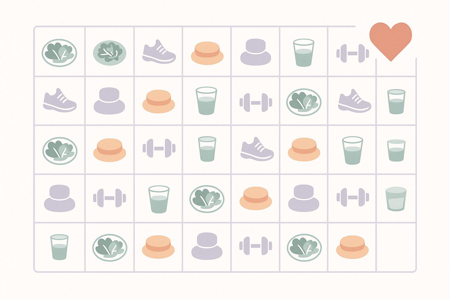 Editorial illustration of a 30-day calendar with daily heart-healthy habits icons