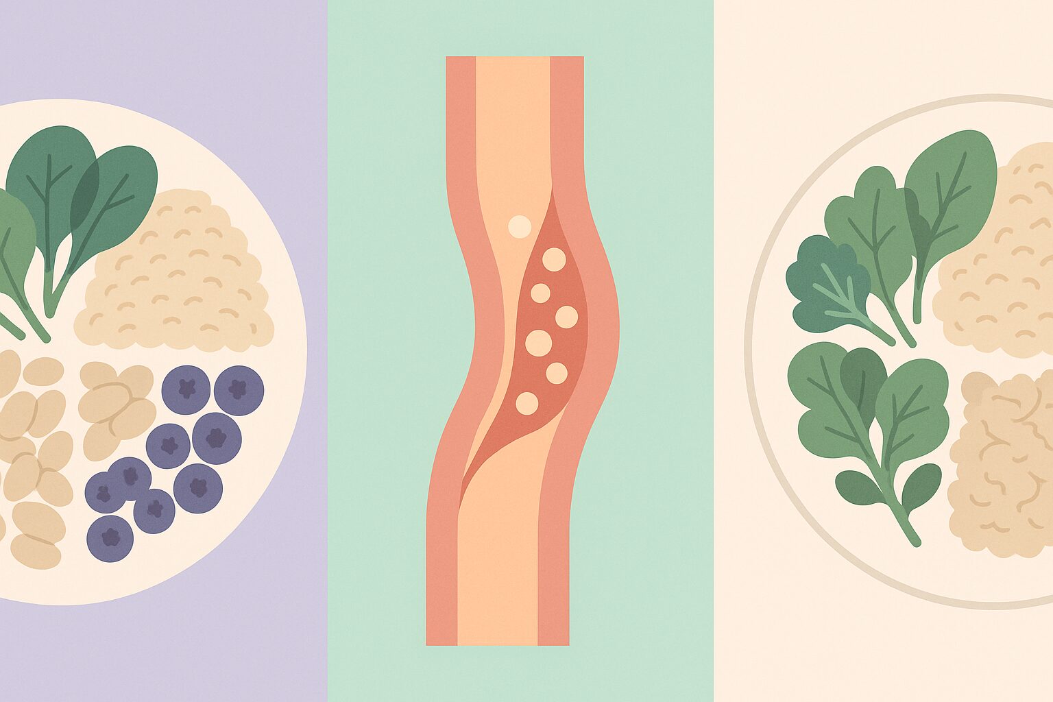Editorial split illustration showing two plant-based meal plates side by side with a healthy artery cross-section