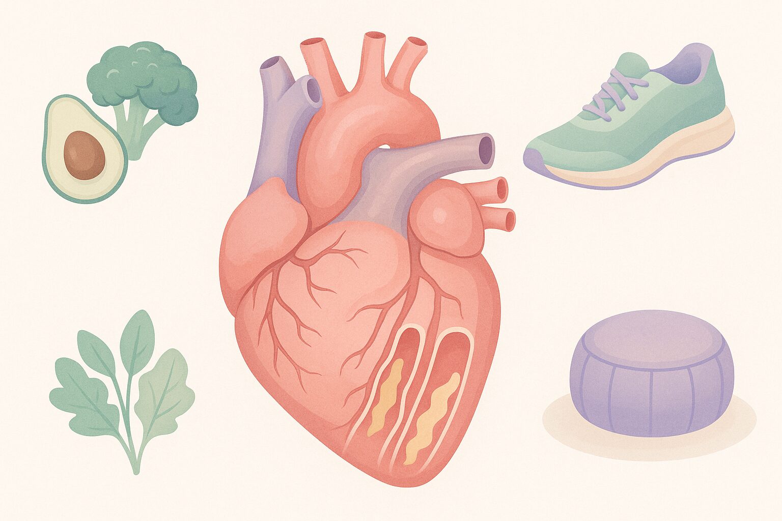 Editorial illustration of a healthy human heart with arteries clearing of plaque, surrounded by symbols of lifestyle medicine